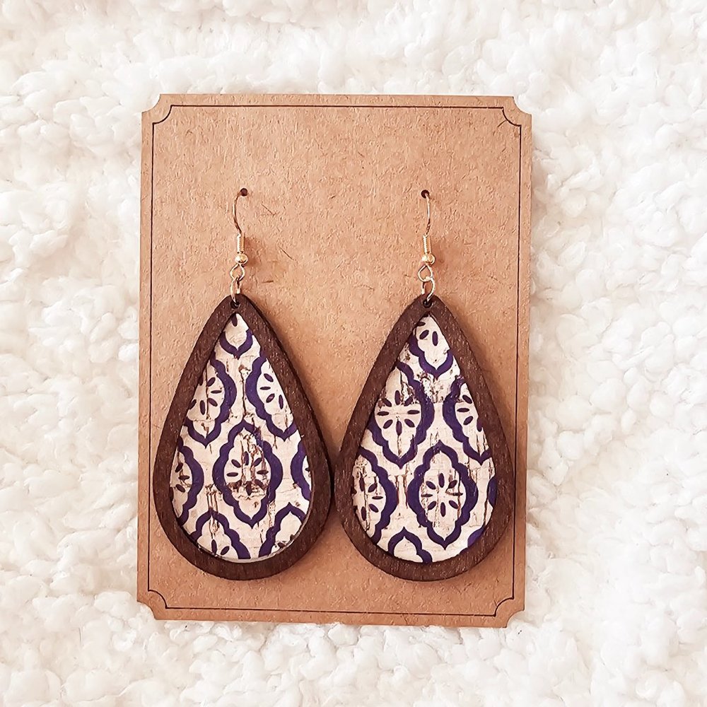 5/$25 Wooden Teardrop Dangle Earings with Blue Pattern Design